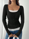 Square Collar Lace Single-breasted Slim-fit Long-sleeved T-shirt