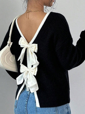 Bow Contrasting colors Backless Sweaters