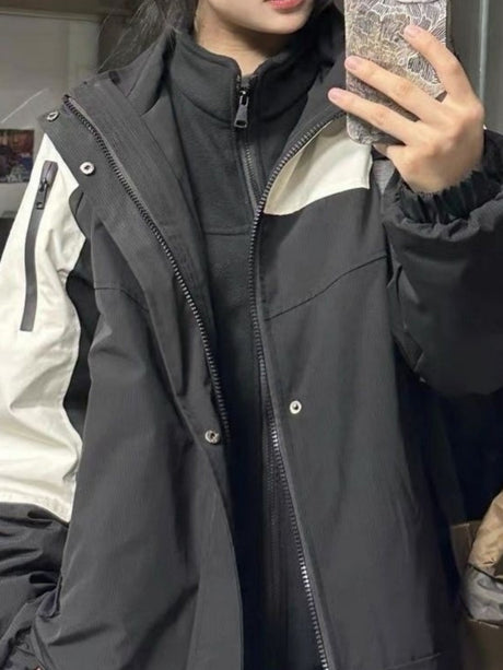 Workwear Style Color Matching Zipper Hooded Coat