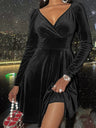 Long-sleeved Silver Fox Velvet V-neck Short Dress
