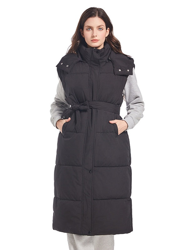 Hooded Zipper Button Vest Long Knee-length Vest Slim Waist Down Vest Jacket