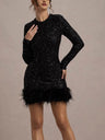 Liber Winter Women's Sequins Solid Color Long sleeve Feather Mini&Short Dresses