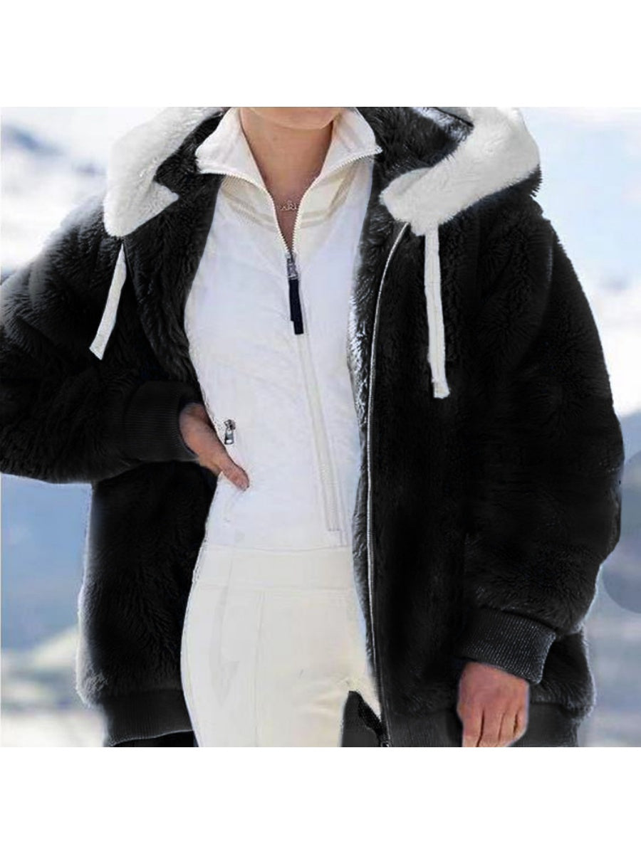 Loose Solid Color Plush Zipper Hood With Pockets Solid Color Jackets