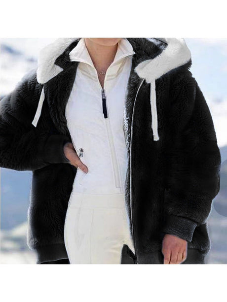 Loose Solid Color Plush Zipper Hood With Pockets Solid Color Jackets