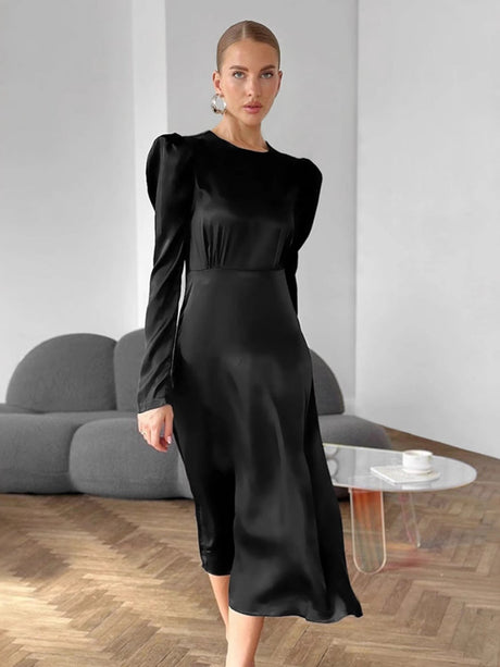 Crew Neck Long sleeve zipper Leg-of-mutton sleeve midi dress