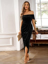 One-shoulder Collar Gathering Hip Velvet Maxi Dresses