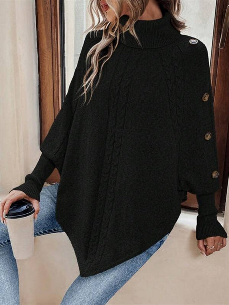 Turtleneck Buttons Batwing Shirt Cable Knit Sweater