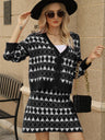 Liber Spring Women's Contrasting colors Diamond Two-piece suit V-neck cardigan A-line skirt Long sleeve
