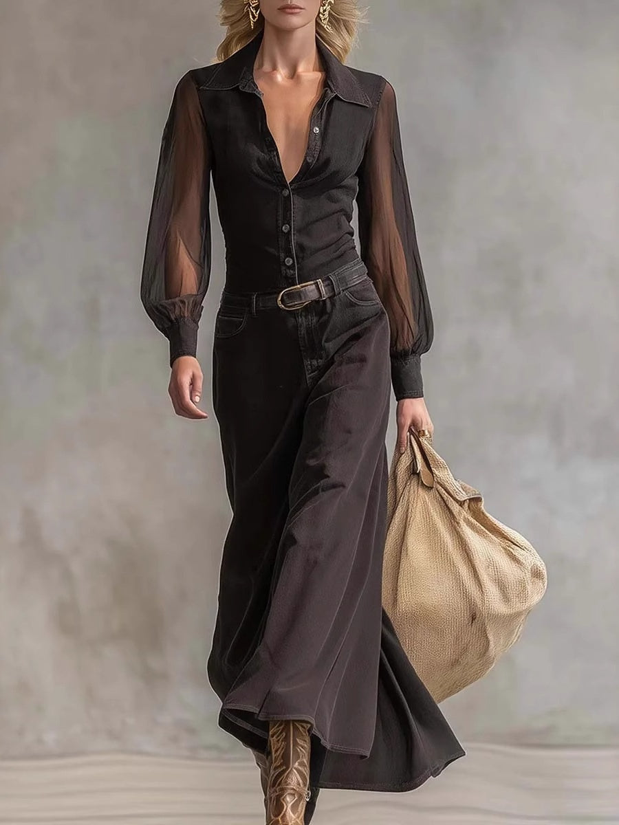 Black Long-sleeved See-through Shirt Collar Button Mesh Stitching Maxi Dress