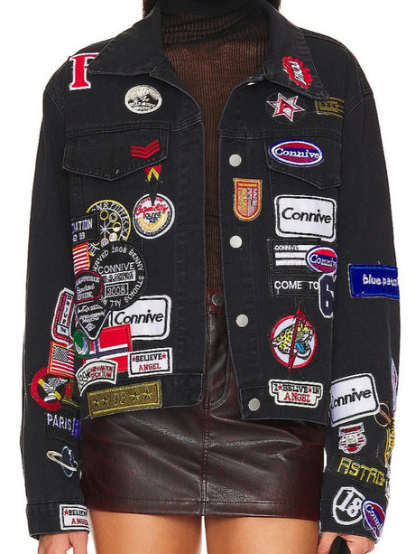 Liber Fall Women's Denim Badge Coat Cropped patchwork jacket
