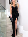 V-neck Sexy Slit High Waist Sequins Maxi Dresses