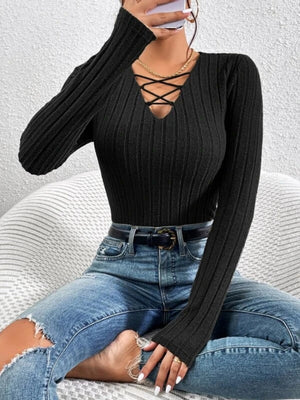 Drawstring V-neck Long-sleeved Brushed Ribbed Knit T-shirt Top