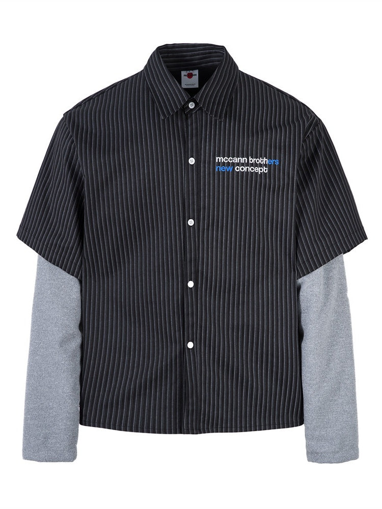 Fake Two Pieces Splicing Vertical Stripe Loose Long-sleeved Shirt