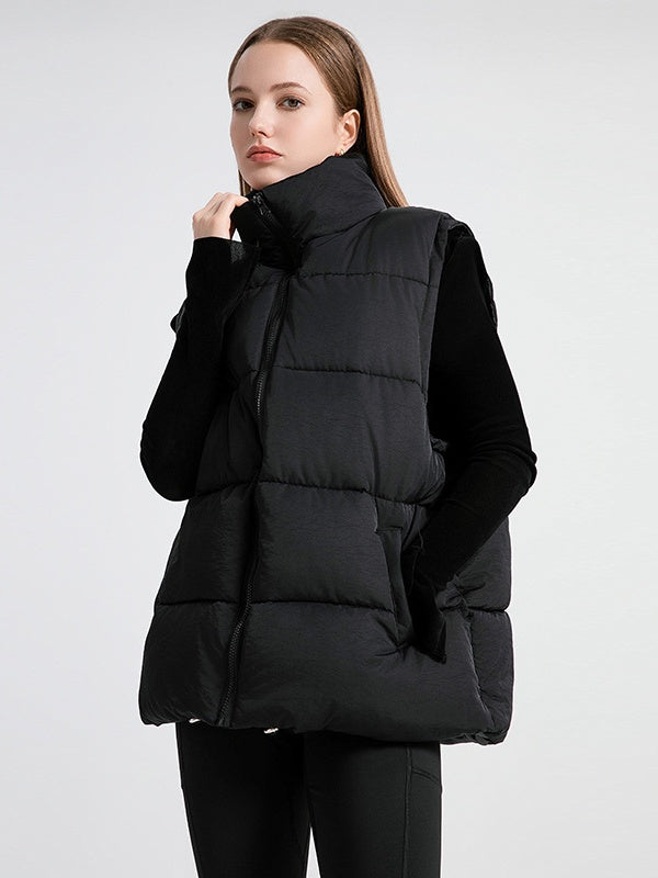 Stand Collar Sleeveless Zipper Pocket Warm Loose Mid-length Down Cotton Vest Jacket