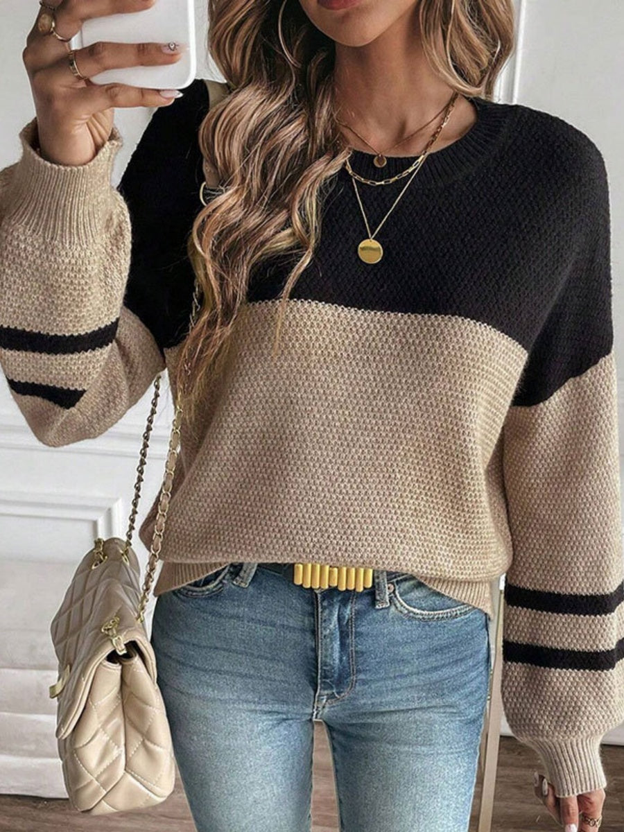 Long Sleeve Crew Neck Color Matching Knitting Pullover Sweater