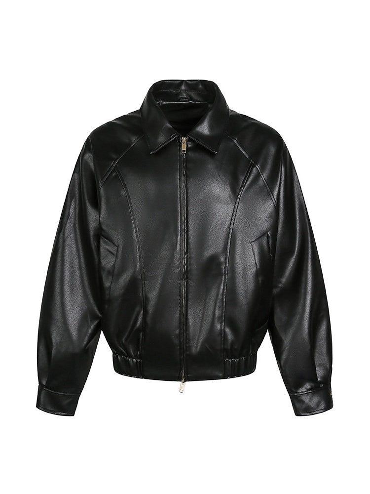 Solid Color Cleanfit Short Leather Jacket Lapel Jacket