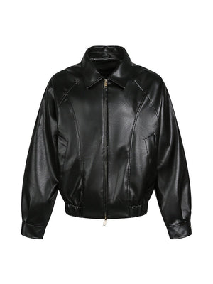Solid Color Cleanfit Short Leather Jacket Lapel Jacket