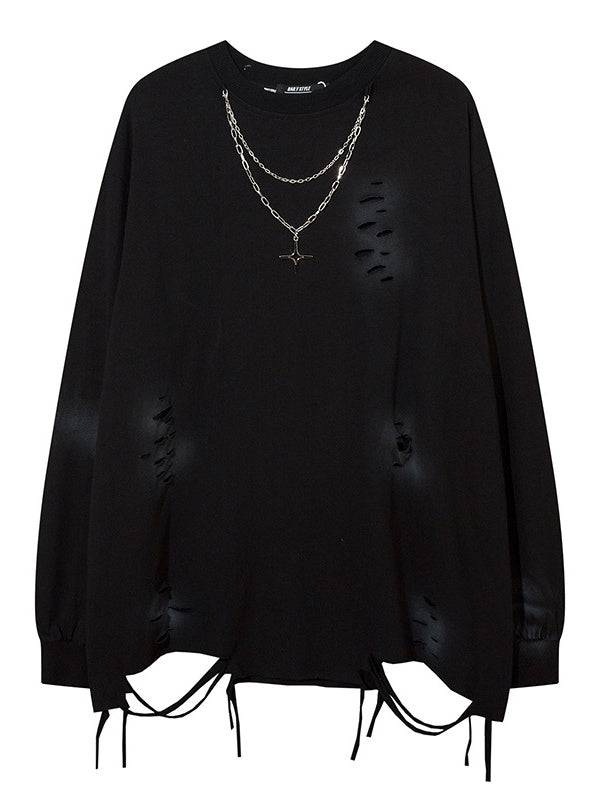 Solid Color Hole Necklaces Oversie Hip Hop Long-sleeved T-shirt
