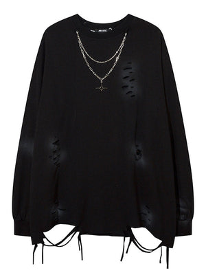 Solid Color Hole Necklaces Oversie Hip Hop Long-sleeved T-shirt