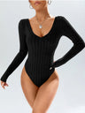 V-neck Long-sleeved Knitted Brushed Ribbed Bodysuit Top