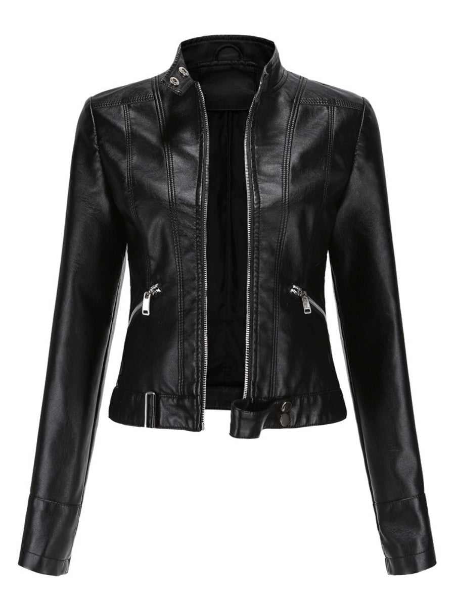 Three-dimensional Decoration Short Stand Collar Zippered Leather Jacket