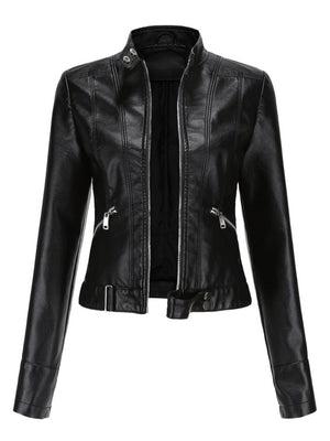 Three-dimensional Decoration Short Stand Collar Zippered Leather Jacket