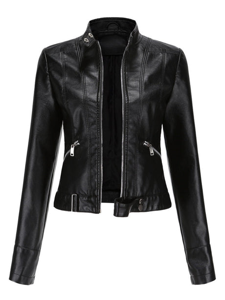 Three-dimensional Decoration Short Stand Collar Zippered Leather Jacket