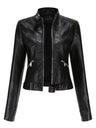 Three-dimensional Decoration Short Stand Collar Zippered Leather Jacket