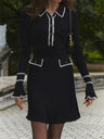Spliced Chanel Style Long-sleeved Lapel Button-down Ruffled Knitted Mid-length Dress