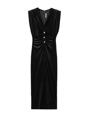 V-neck Suede Pleated Long Dress