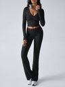 V-neck Long Sleeve Pants Pleated Navel Solid Color 2-piece Sets