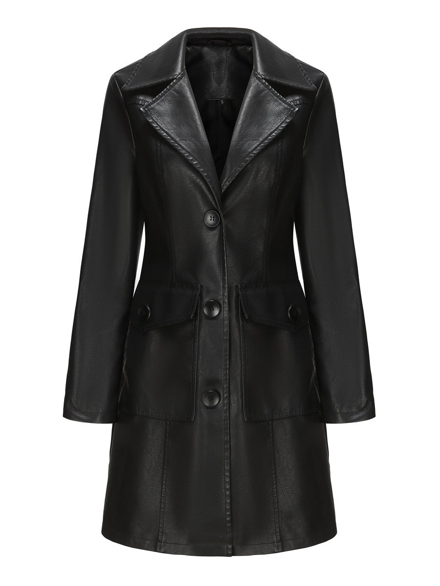 Mid-length Pocket Single-breasted Lapel Leather Jacket