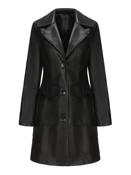Mid-length Pocket Single-breasted Lapel Leather Jacket