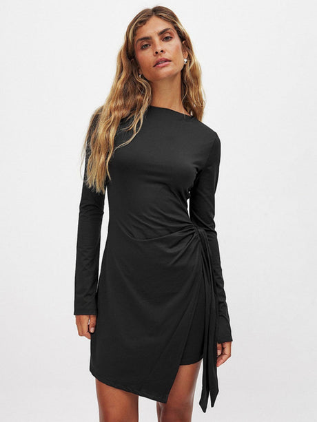 Long-sleeved Round-neck Tie Short Dress