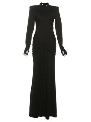 Solid Color Ribbon Long-sleeved Dress With Hip-lifting Sexy Slim-fitting Maxi Dress For Women