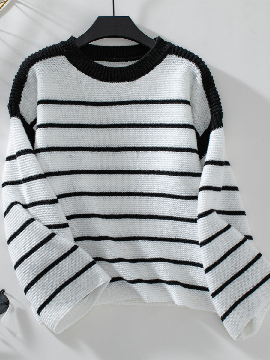 Crew Neck Loose Black And White Stripes Hood Long Sleeve Knitted Sweater