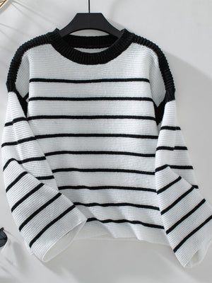 Crew Neck Loose Black And White Stripes Hood Long Sleeve Knitted Sweater
