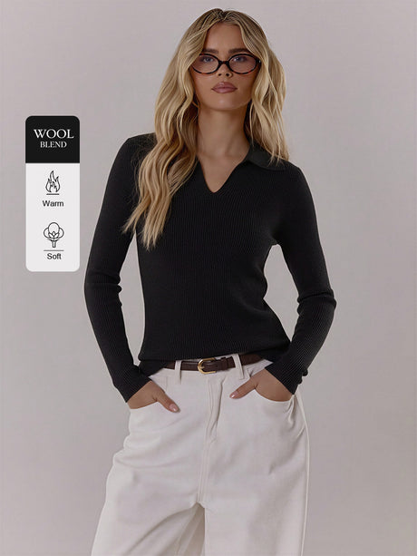 Wool Polo Long-sleeved Pullover Sweater With Vertical Stripes
