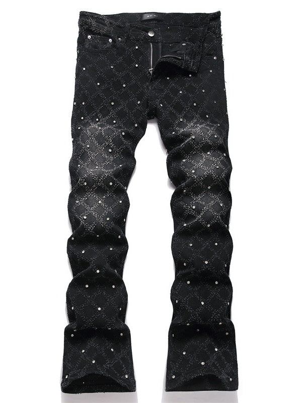 Punk Black Slim Stretch Orange Embroidery Flared Jeans