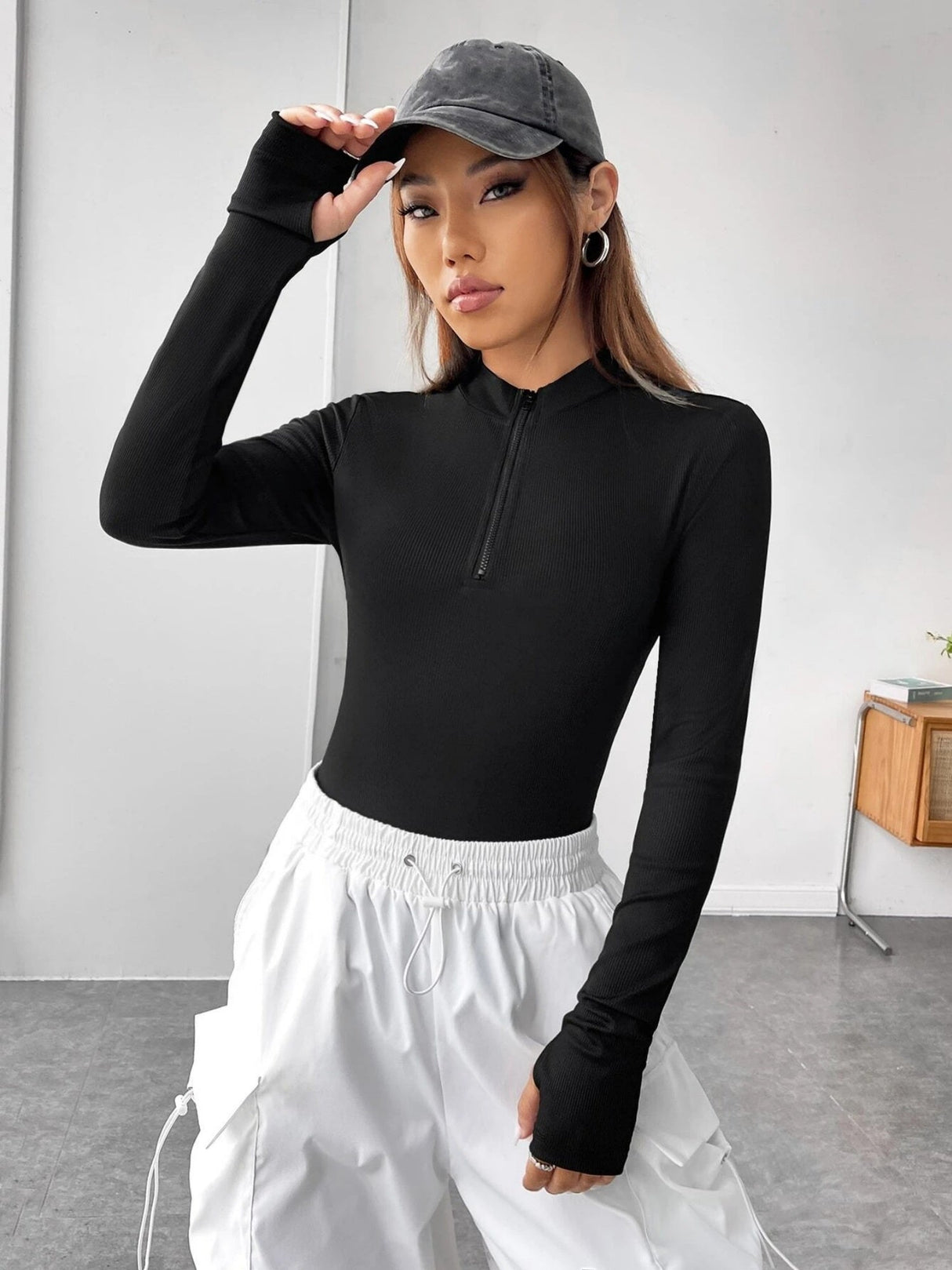 Stand-up Collar Ribbed Zipper Long-sleeved Bodysuit