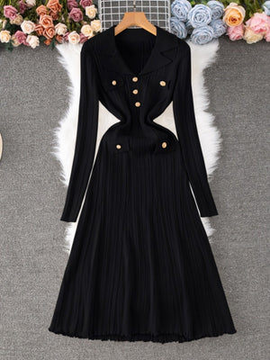 Lapel Button Ribbed Long Sleeve Fishtail Knitted Dress