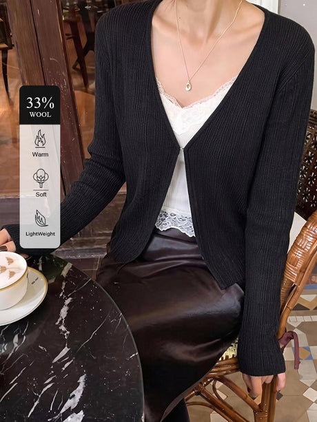 Wool-Blend Ribbed V-Neck Cropped Cardigan