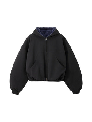 Short Plush Ins Contrasting Colors Hooded Zipper Jacket