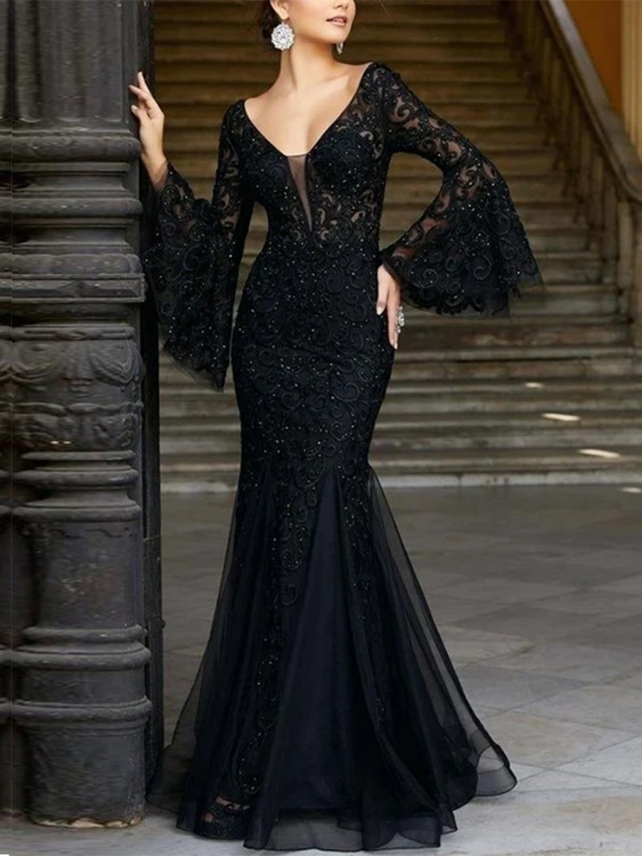 Lace Solid Color Fishtail Long Sleeve Maxi Dresses