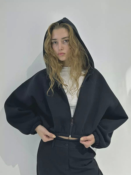 Liber Autumn women's clothing Drawstring Hooded Zippered solid color long-sleeved cardigan sweatshirt