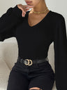 V-neck Brushed Ribbed Lantern Sleeve Long-sleeved Knitted Bodycon Jumpsuit Top