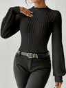 Ruffled Hem Stand Collar Lantern Sleeve Long-sleeved Knitted Brushed Ribbed Bodysuit Top