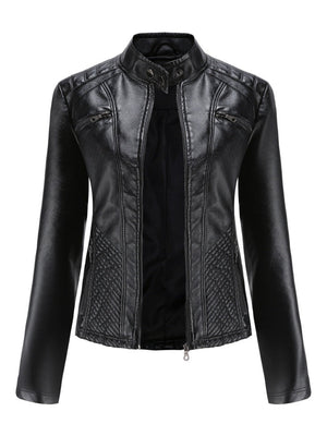 Three-dimensional Decoration Stand Collar Slim Fit Leather Jacket