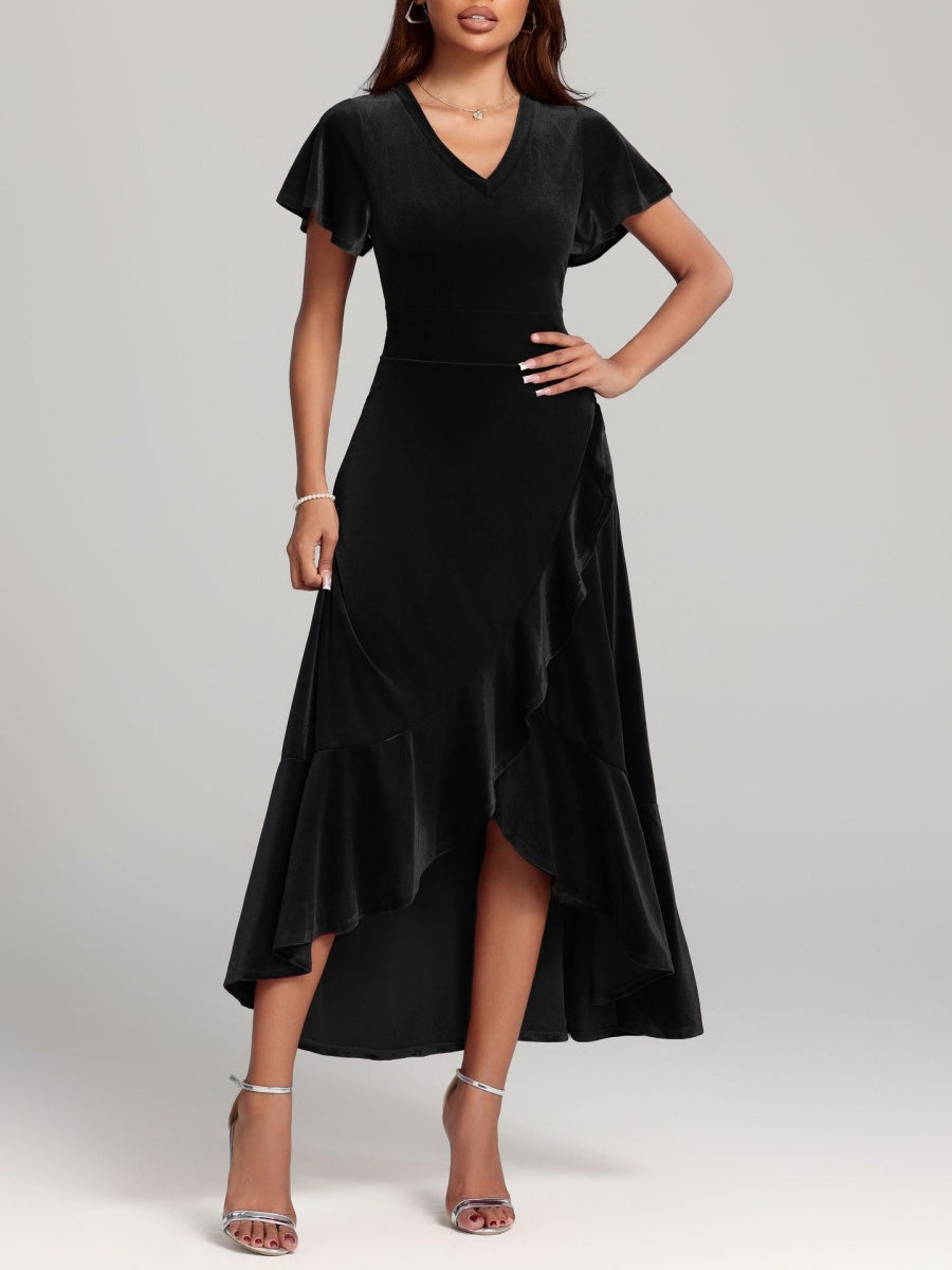 Large Velvet V-neck Flying Sleeves Irregular Hem Long Dress
