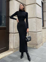 High Neck Long Sleeve Bodycon Dress Autumn Winter Maxi Dress Elegant French Knitted Dress